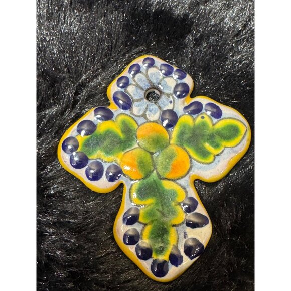Handcrafted Mexican Ceramic Cross Ornament With Colorful Floral Design - Picture 3 of 7